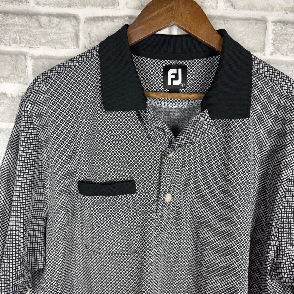 FootJoy Mens Golf Polo Shirt Large Black White Geometric Print Short Sleeve FJ